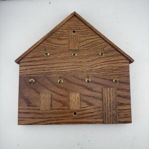Vtg Wooden Key Holder 7 Brass Hooks Plaque House Shape Grannycore Rustic Cottage